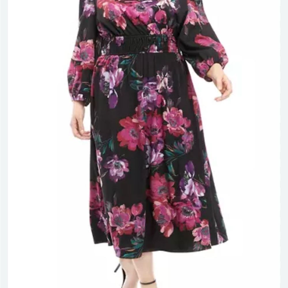 Danny and Nicolle magenta/black floral dress v-neck lined Sz. 18 New